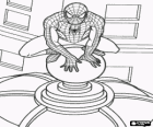 Spiderman squatting on top of the dome of a building