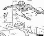 Spiderman, the superhero, escaping after catching two thieves and leaving them tied with his spider's web