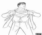 Clark Kent becoming Superman with his red and blue uniform to fight for justice