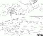 Superman flying through outer space with two planets in the distance