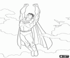 Superman flying into the sky with the birds, with closed fists and with his suit coat