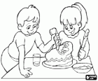 Children preparing a cake as a surprise gift for mom