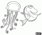 A jellyfish, jelly or sea jelly with its tentacles and a fish in the sea