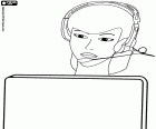 Telemarketer working in the computer with headphones and microphone