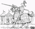 Knight with helmet and armor and with his spear ready mounted on his horse in a camp