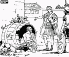  Scene of the conversation between the Greek philosopher Diogenes of Sinope, within his barrel, and Alexander the Great, accompanied by a soldier, on the streets of Athens