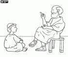 Professor or teacher, sitting on a stool, to teach a young boy, sitting on the floor