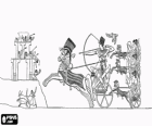 Pharaoh, king of Egypt, and his soldiers with their chariots of war in an attack on the fort, accompanied by a flight of ibis