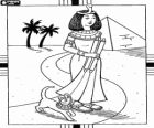Near a pyramid and some palm trees Cleopatra walking along with her cat, representing the goddess Bastet, with their headgear in the form of a snake or asp