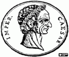 A silver coin of ancient Rome, a denarius with the face of Julius Caesar or Iulius Caesar wearing a crown of laurel