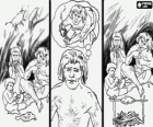 Sequence of the discovery of fire, inside the cave a family eating raw meat and after eating roasted meat