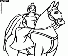 Princess with her crown and her coat riding a horse