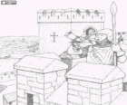 A guard at the castle tower blowing the horn and with his spear in his hand