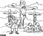 Jesus crucified between two thieves on Calvary under the supervision of a roman soldier