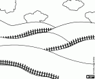 A coloring page with a landscape formed by a sequence of rolling fields with fences