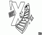 Letter X with a xylophone, an exclamation mark and an emergency exit sign