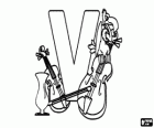 Letter V with a vase, a violin, a viola and a vulture