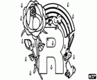 Letter R with a rose, a rooster, a rabbit, a rainbow and some rain drops