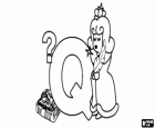 Letter Q with a queen with a quill, a question mark and a quilt