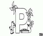 Letter P with a pig, a pear, a pie and some pinwheels