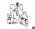 Letter M with a monkey, a mouse, a mushroom and a bottle of milk