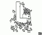 Letter L with a lot of leaves and some letters, objects that are written with k in English
