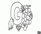 Letter G with some grapes, a gorilla and a gem or gemstone