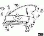 Grand piano doing music with the raised cover, with a happy face