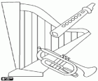 Musical instruments: a harp, a trumpet and a flute