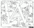 Letter W with a fairy and a fairy girl playing hide-and-seek and surrounded by flowers