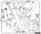 Letter V with a fairy with her magic wand and surrounded by flowers