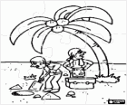 Puzzle of pirates burying the coffer of the treasure or the treasure chest with the map near a palm tree