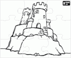 Puzzle of towers with battlements or merlons of a castle that rests on the rocks