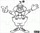 Puzzle of clown with full clown costume, a hat with a flower, wig, gloves, tie, big pants and big shoes