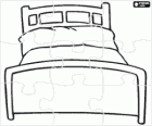 Puzzle of single bed with headboard and footboard, mattress and pillow