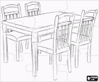 Puzzle of dining table with four chairs, all in wood