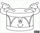 Puzzle of a drum, animated and with face, beaten with a pair of drumsticks