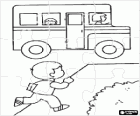 Puzzle of small school bus and boy running
