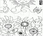 Puzzle of flowers in the field with a butterfly flying and the sun on the top