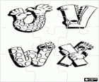 Puzzle of letters U, V, W and X with funny drawings