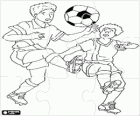Puzzle of two football or soccer players disputing the ball