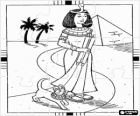 Ancient Egypt puzzle - Near a pyramid and some palm trees Cleopatra walking along with her cat, representing the goddess Bastet, with their headgear in the form of a snake or asp