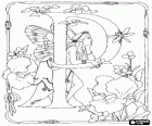 Letter P with a fairy watching a dragonfly and surrounded by flowers