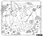 Letter O with a fairy with her magic wand watching a butterfly and surrounded by flowers