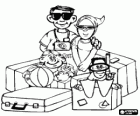 Family with luggage ready for the summer: bags, ball, doll, diving equipment, camera and sunglasses