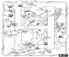 Letter H with a fairy watching two birds and surrounded by flowers