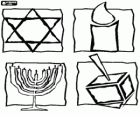 Symbols of Judaism - Star of David, the burning candle, the hanukiah and sevivon or dreidel