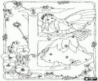 Letter E with a fairy with her magic wand watching a songbird and surrounded by flowers
