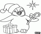 Penguin with a Santa Claus hat, a gift box, a candy stick and the star of Christmas