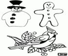 Christmas decorations: snowman, cookie-shaped man and bird on a branch